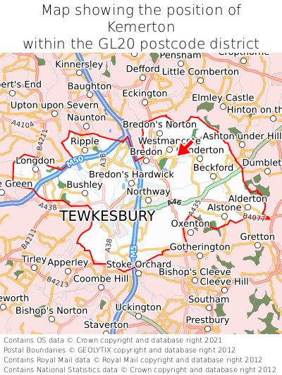 Map showing location of Kemerton within GL20