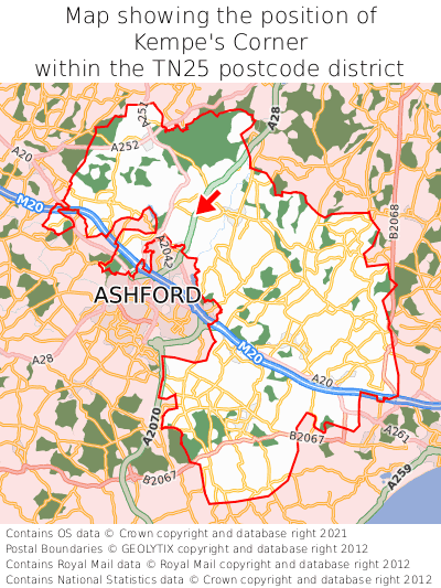 Map showing location of Kempe's Corner within TN25