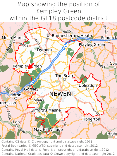 Map showing location of Kempley Green within GL18
