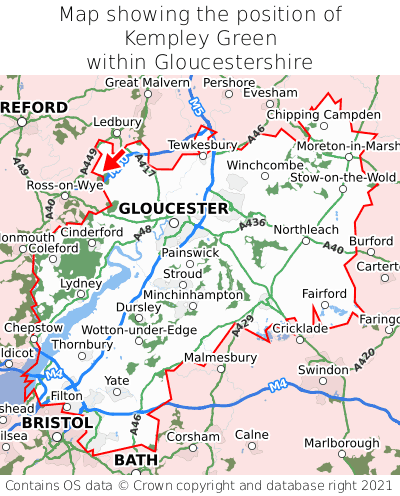 Map showing location of Kempley Green within Gloucestershire