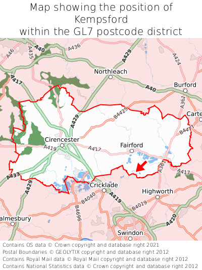 Map showing location of Kempsford within GL7