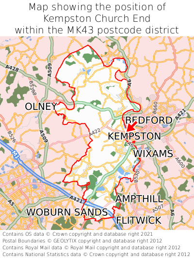 Map showing location of Kempston Church End within MK43