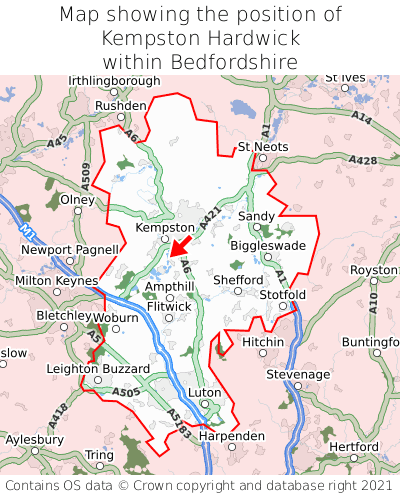 Map showing location of Kempston Hardwick within Bedfordshire