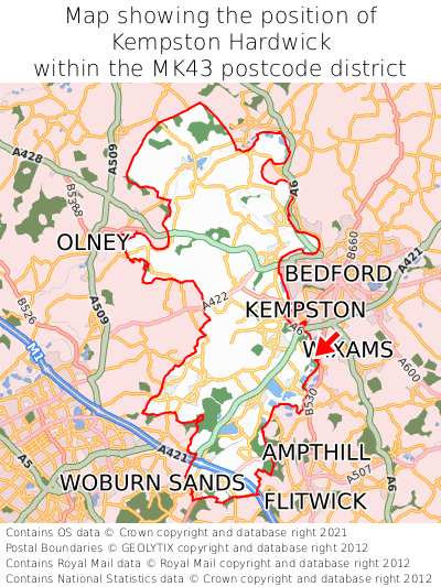 Map showing location of Kempston Hardwick within MK43