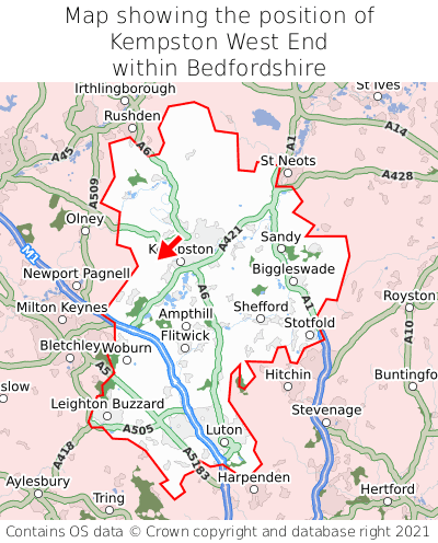 Map showing location of Kempston West End within Bedfordshire