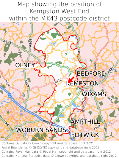 Map showing location of Kempston West End within MK43