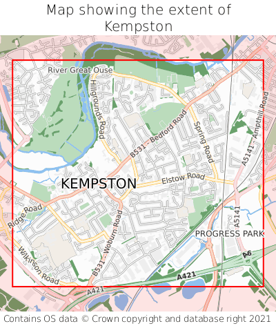 Map showing extent of Kempston as bounding box