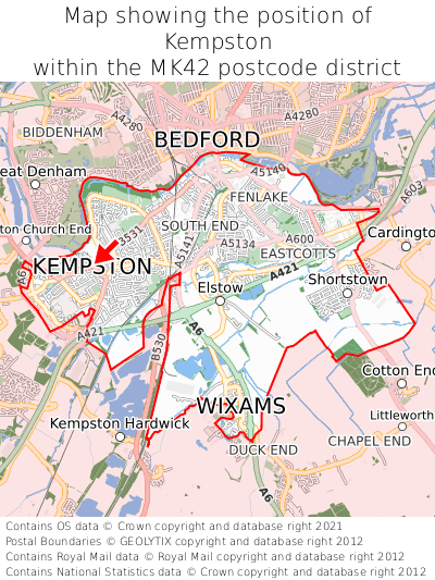 Map showing location of Kempston within MK42