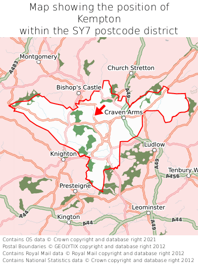 Map showing location of Kempton within SY7