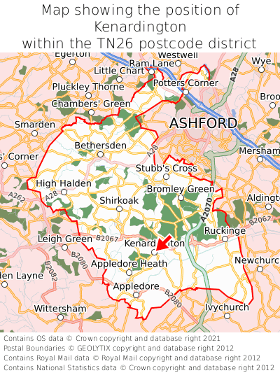 Map showing location of Kenardington within TN26