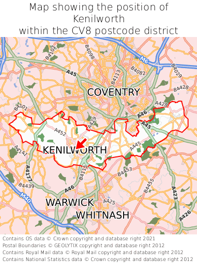Map showing location of Kenilworth within CV8