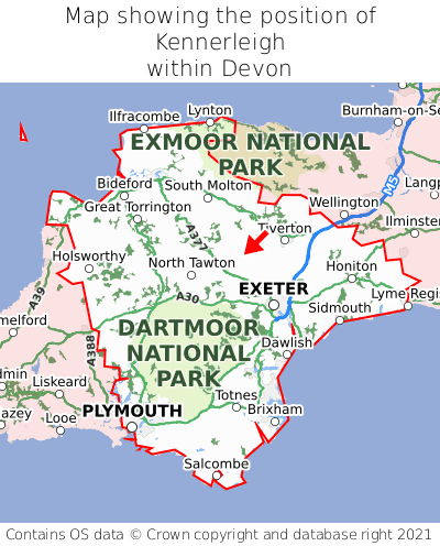 Map showing location of Kennerleigh within Devon