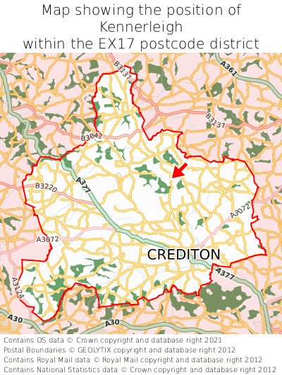 Map showing location of Kennerleigh within EX17
