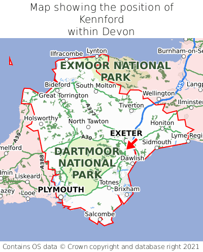 Map showing location of Kennford within Devon