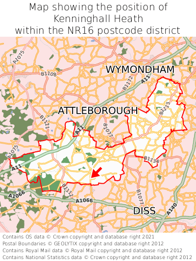 Map showing location of Kenninghall Heath within NR16