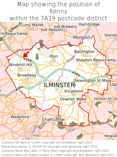 Map showing location of Kenny within TA19
