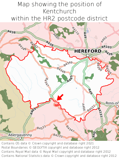 Map showing location of Kentchurch within HR2