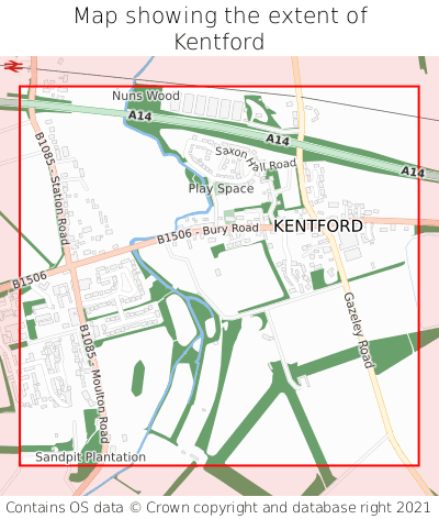 Map showing extent of Kentford as bounding box