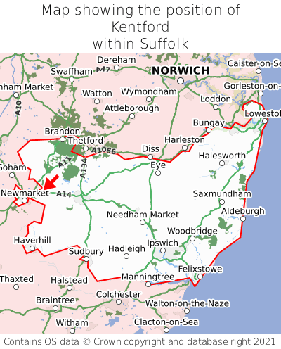 Map showing location of Kentford within Suffolk