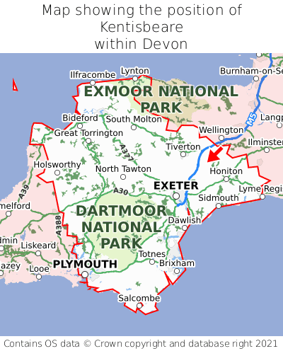 Map showing location of Kentisbeare within Devon