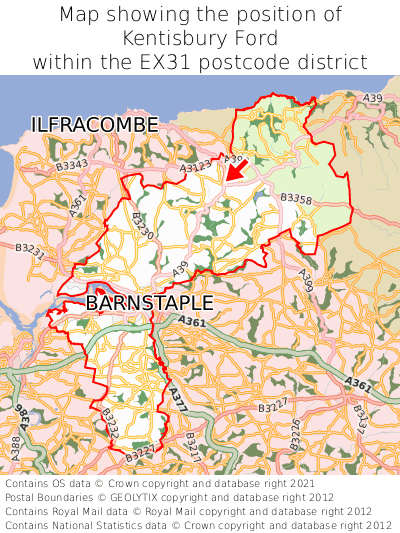 Map showing location of Kentisbury Ford within EX31