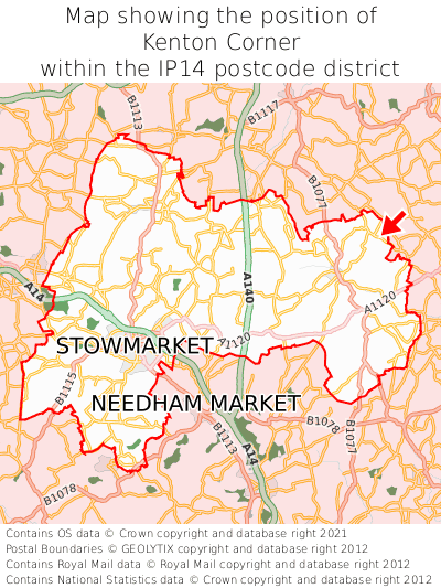 Map showing location of Kenton Corner within IP14