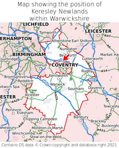 Map showing location of Keresley Newlands within Warwickshire
