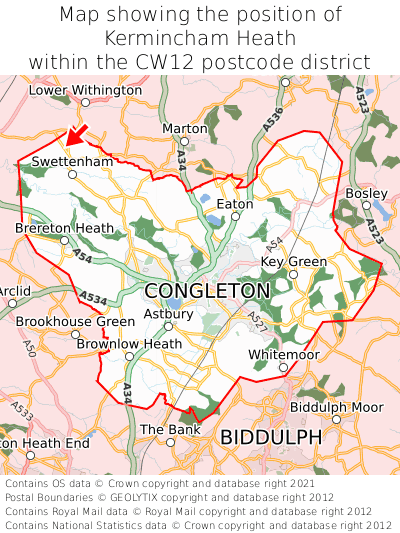 Map showing location of Kermincham Heath within CW12