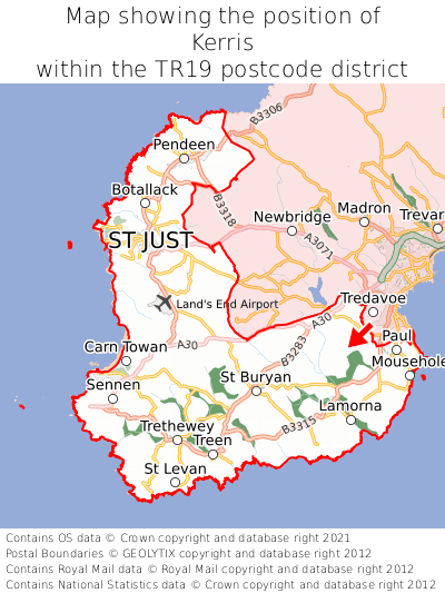 Map showing location of Kerris within TR19