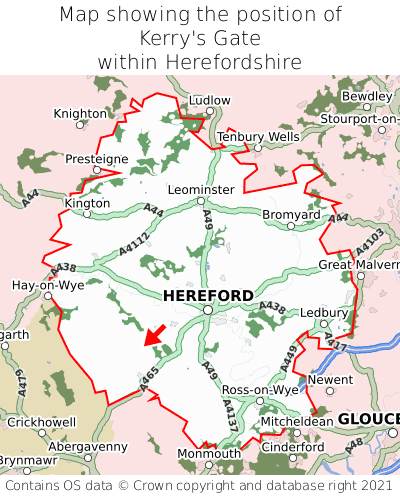 Map showing location of Kerry's Gate within Herefordshire