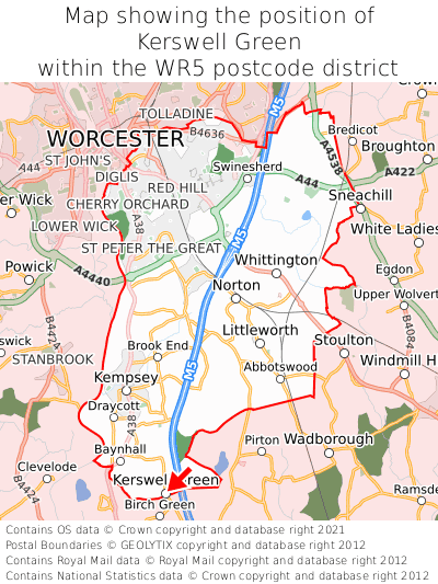 Map showing location of Kerswell Green within WR5