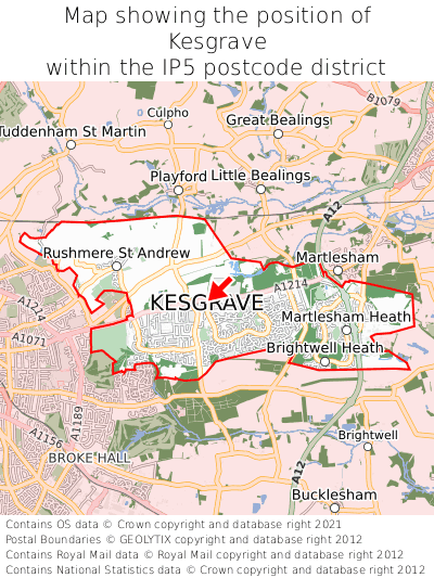 Map showing location of Kesgrave within IP5