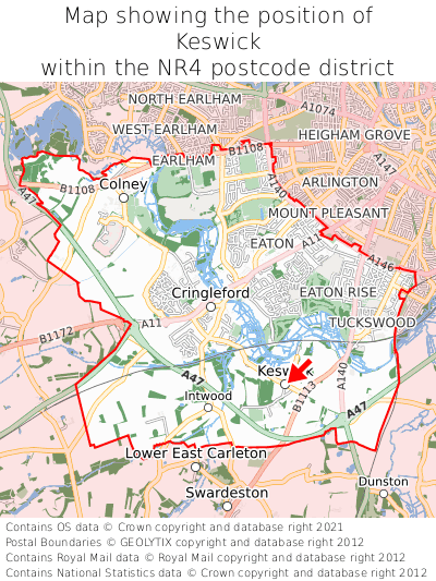Map showing location of Keswick within NR4