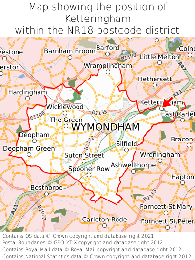 Map showing location of Ketteringham within NR18