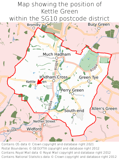 Map showing location of Kettle Green within SG10