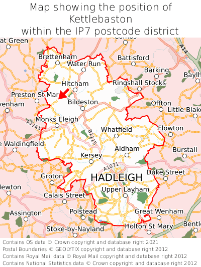 Map showing location of Kettlebaston within IP7