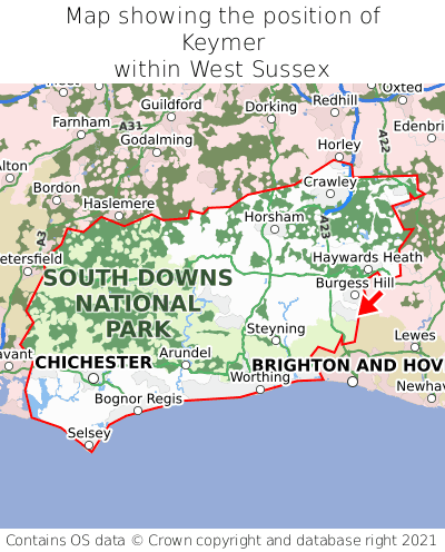 Map showing location of Keymer within West Sussex