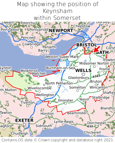 Map showing location of Keynsham within Somerset