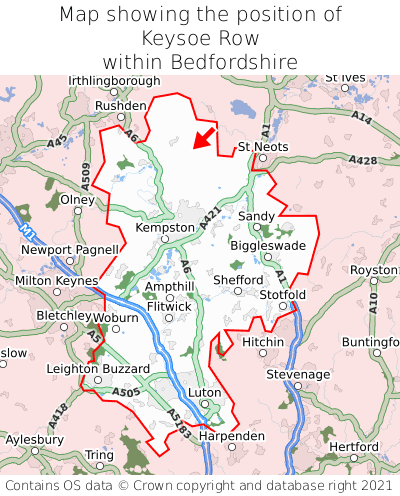 Map showing location of Keysoe Row within Bedfordshire