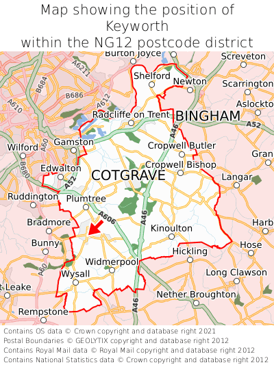 Map showing location of Keyworth within NG12