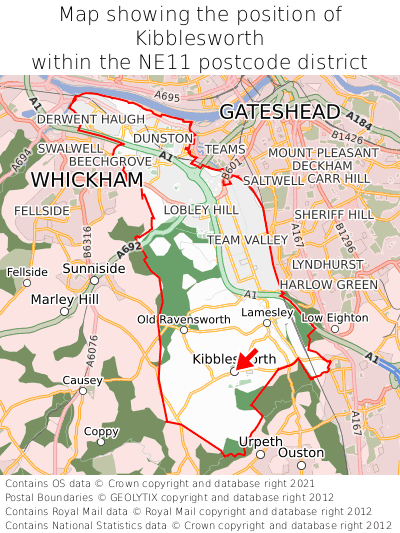 Map showing location of Kibblesworth within NE11