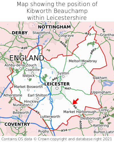 Map showing location of Kibworth Beauchamp within Leicestershire