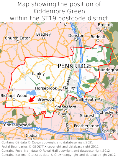 Map showing location of Kiddemore Green within ST19