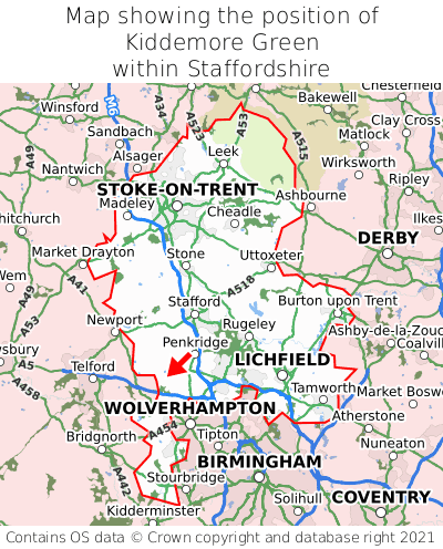 Map showing location of Kiddemore Green within Staffordshire