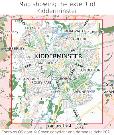 Map showing extent of Kidderminster as bounding box