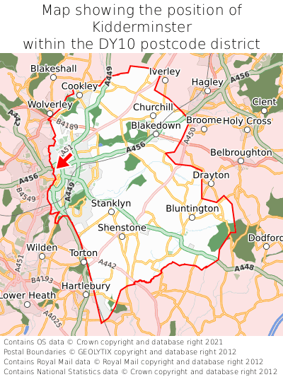 Map showing location of Kidderminster within DY10