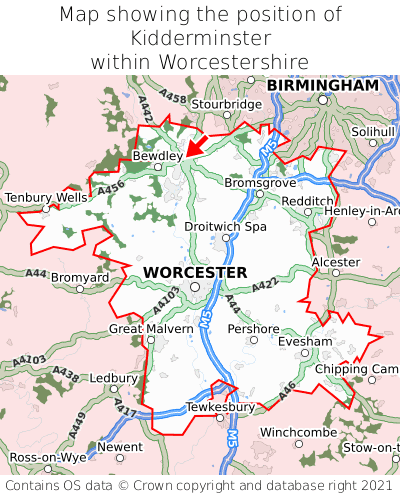 Map showing location of Kidderminster within Worcestershire
