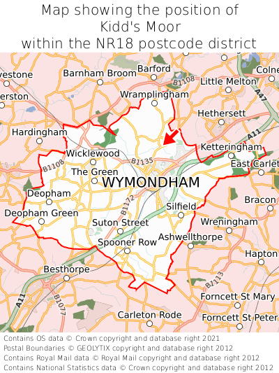 Map showing location of Kidd's Moor within NR18
