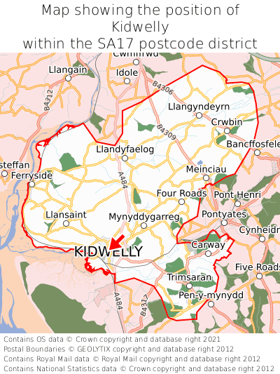 Map showing location of Kidwelly within SA17