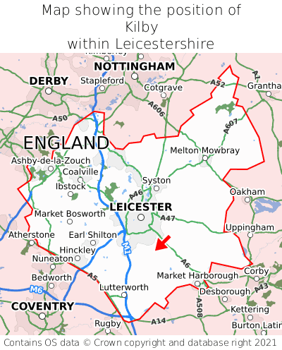 Map showing location of Kilby within Leicestershire